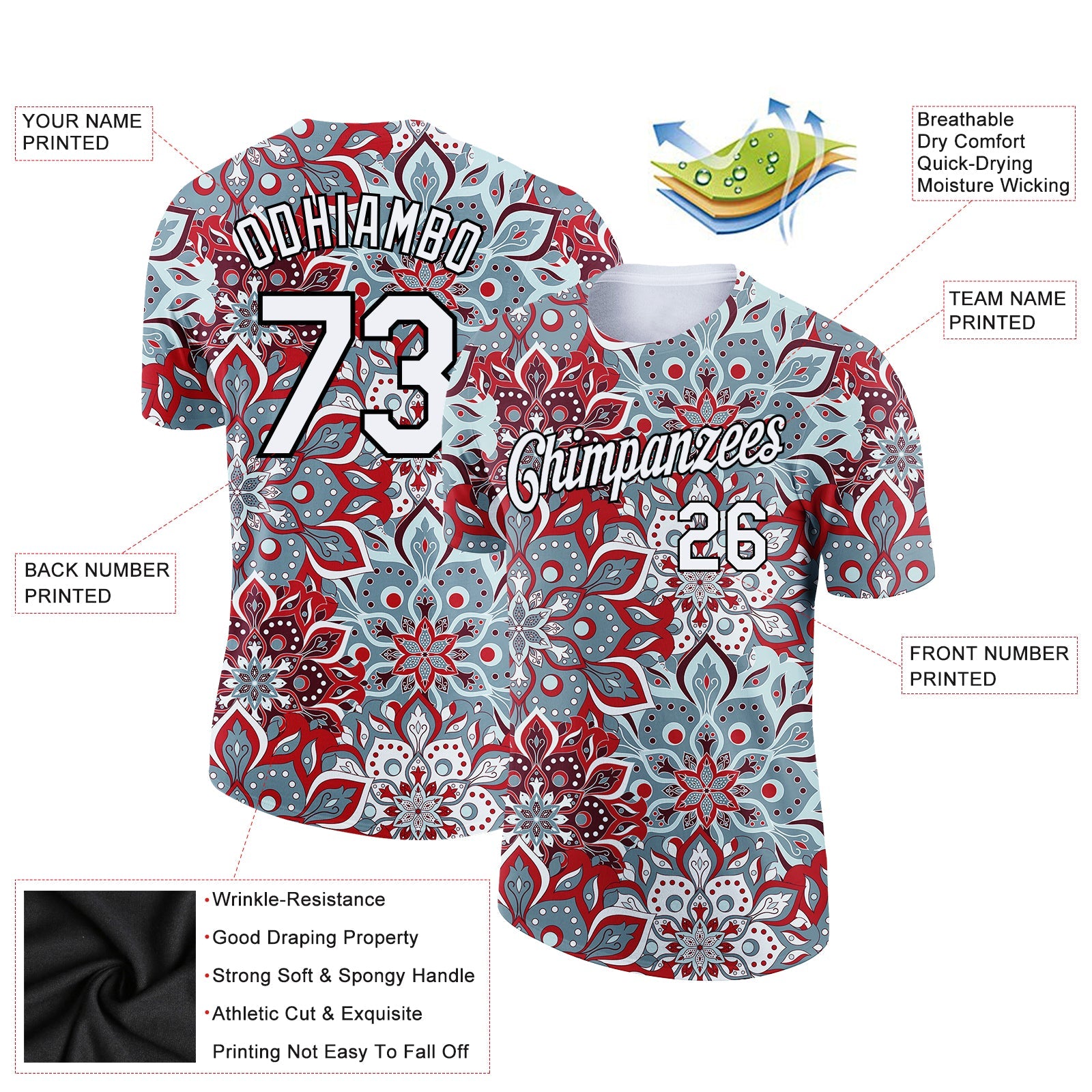 Custom White Black 3D Pattern Floral Design Performance T-Shirt view 2