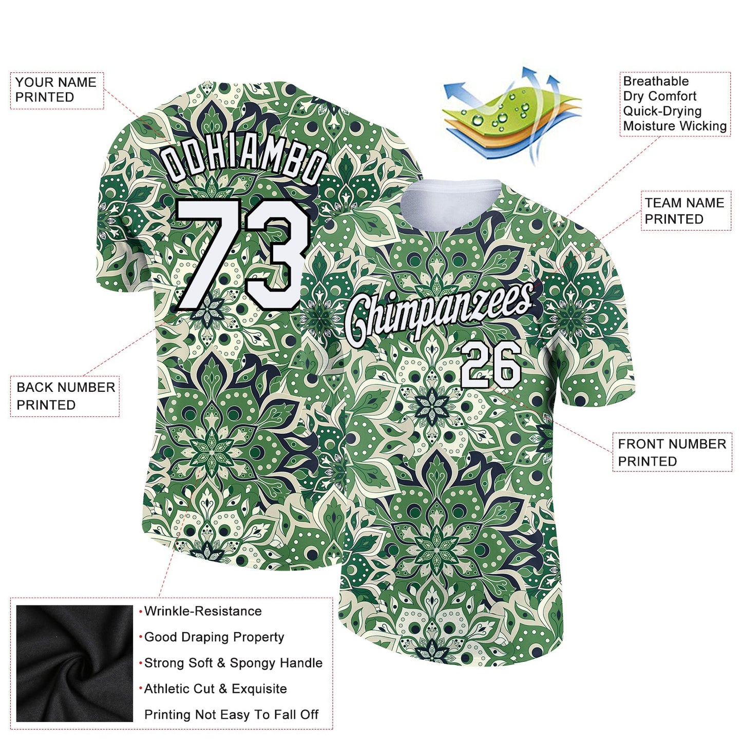 Custom White Black 3D Pattern Floral Design Performance T-Shirt view 2