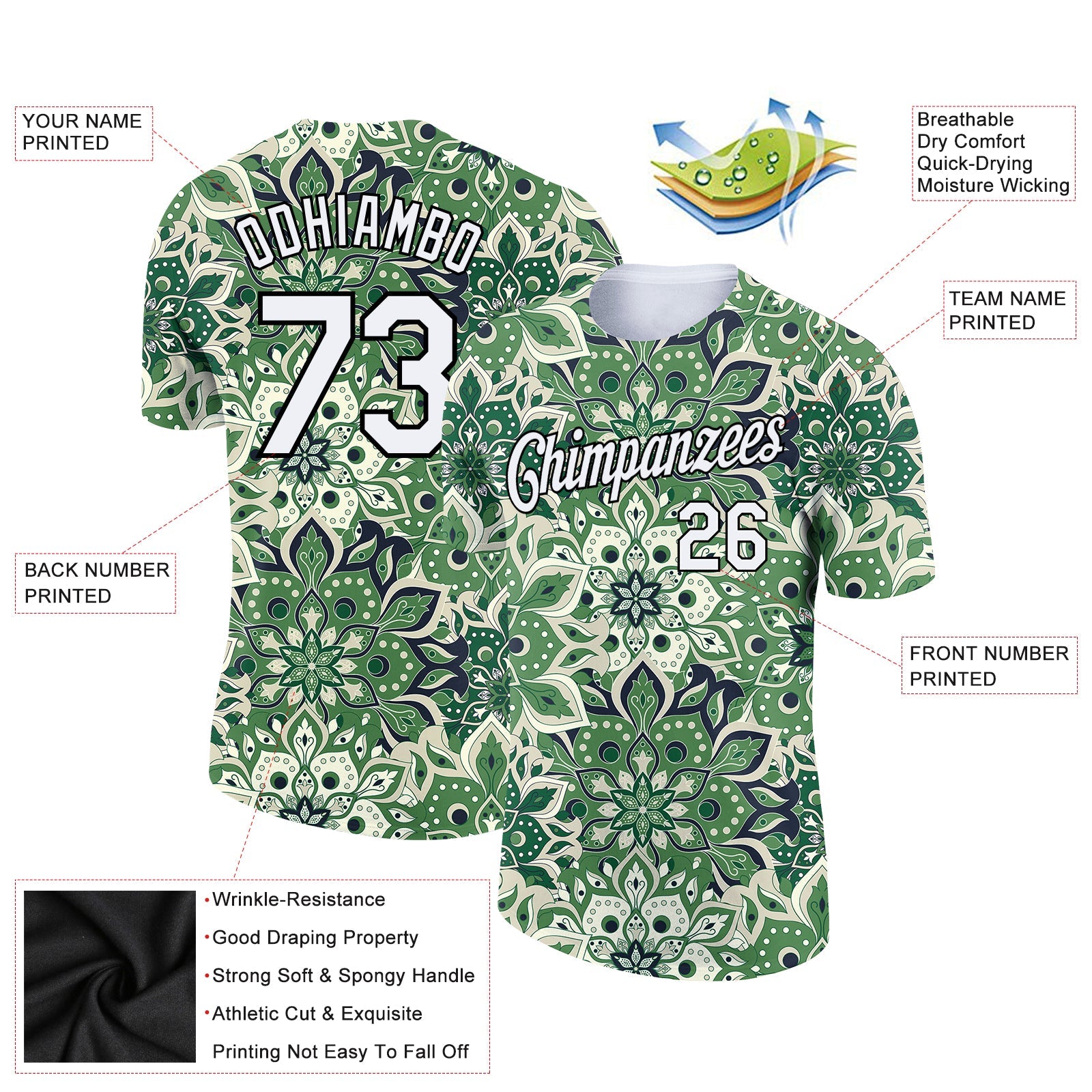 Custom White Black 3D Pattern Floral Design Performance T-Shirt view 2