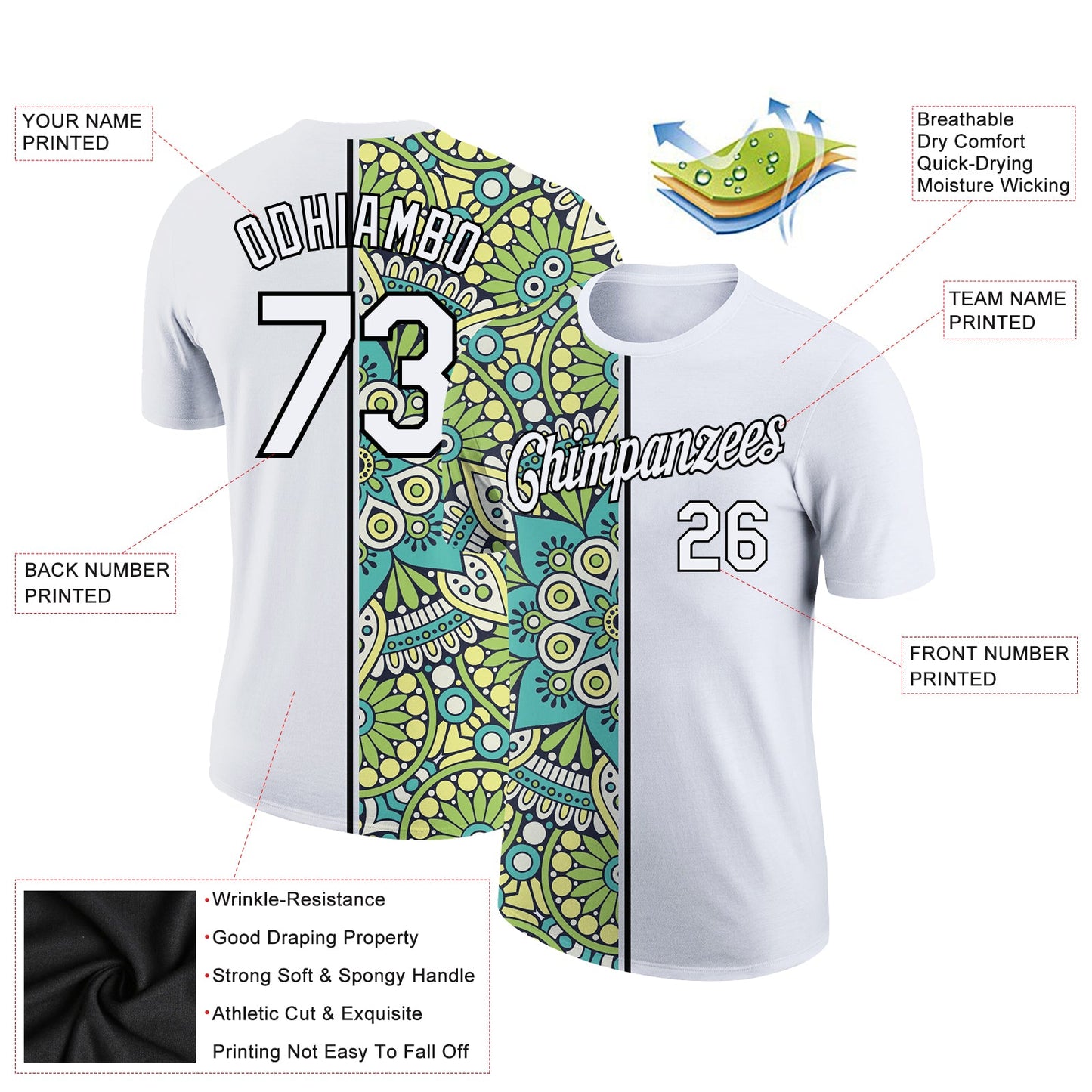 Custom White Black 3D Pattern Floral Design Performance T-Shirt view 2