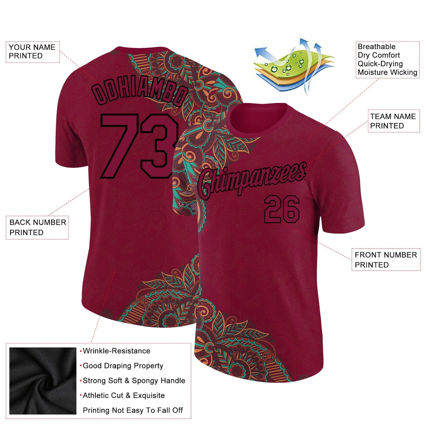 Custom Maroon Black 3D Pattern Floral Design Performance T-Shirt view 2