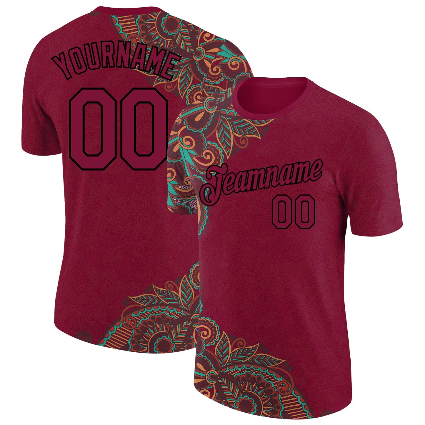 Custom Maroon Black 3D Pattern Floral Design Performance T-Shirt - Main View