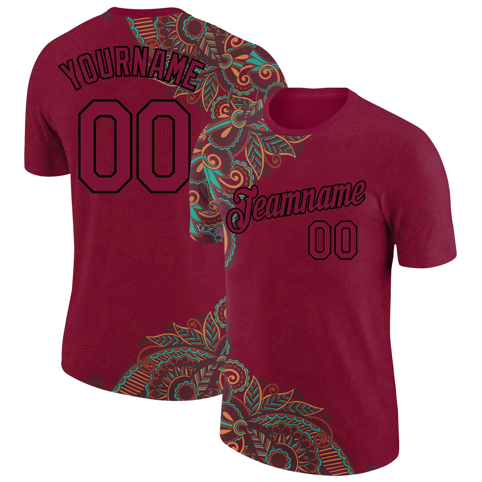 Custom Maroon Black 3D Pattern Floral Design Performance T-Shirt - Main View