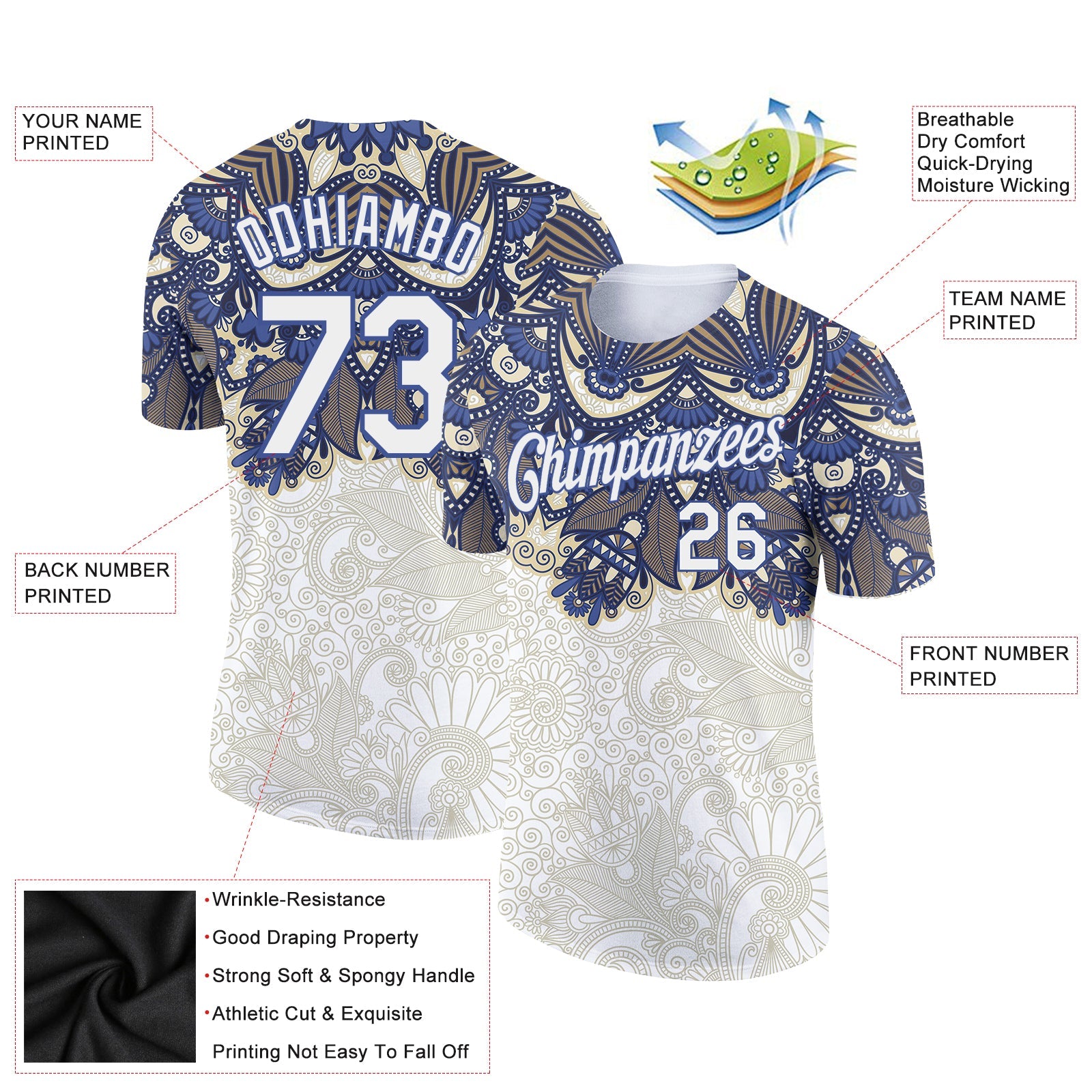 Custom White Blue 3D Pattern Floral Design Performance T-Shirt view 2