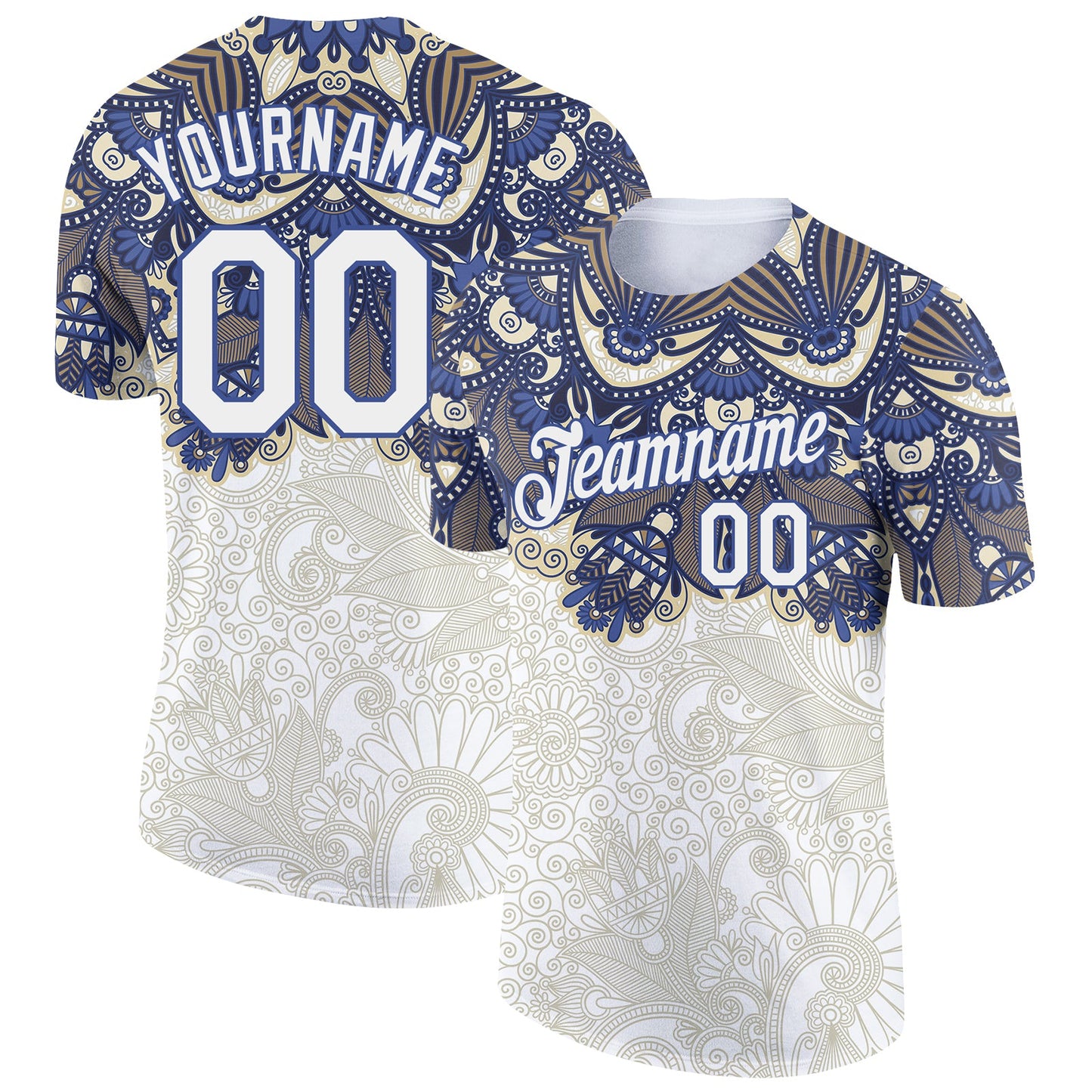 Custom White Blue 3D Pattern Floral Design Performance T-Shirt - Main View