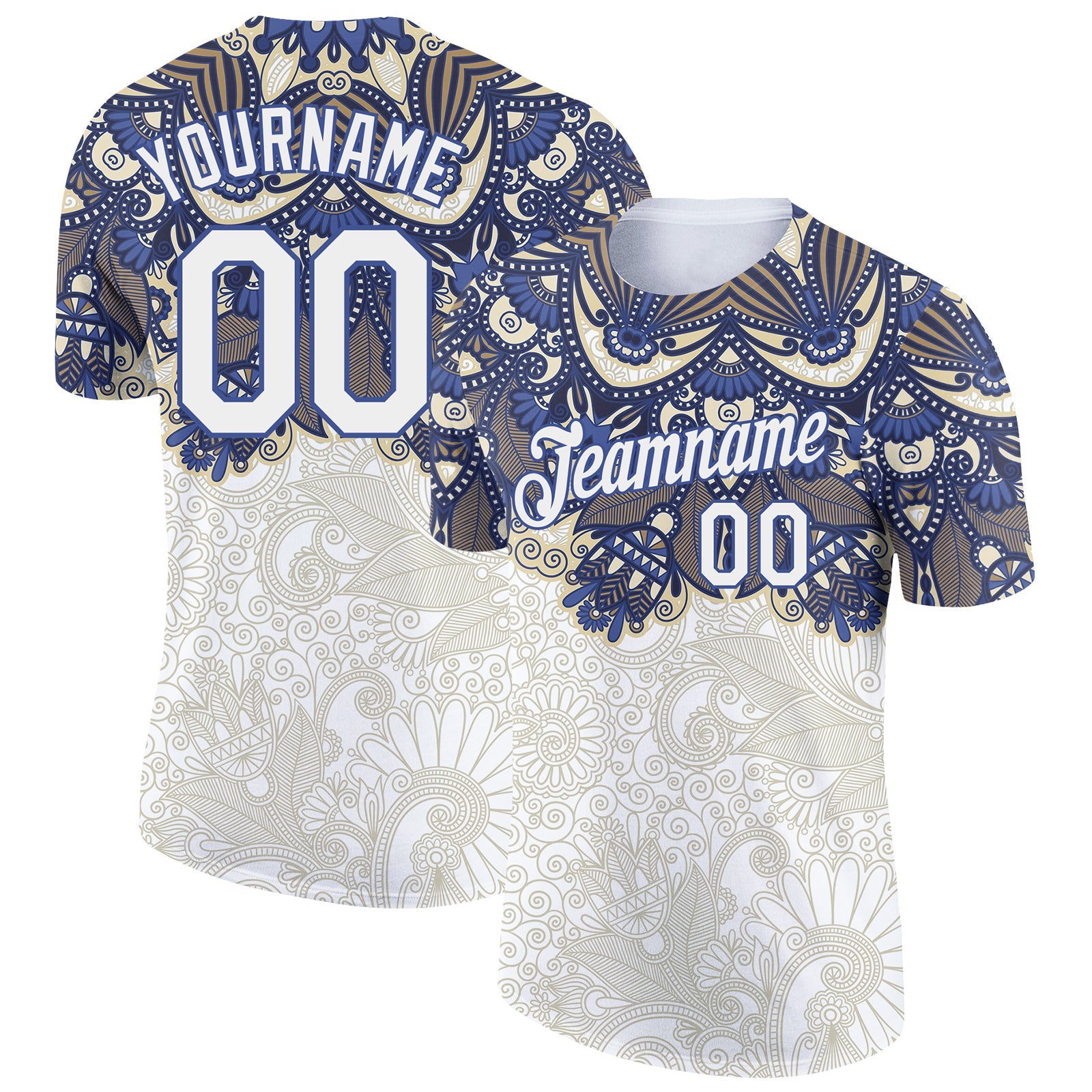 Custom White Blue 3D Pattern Floral Design Performance T-Shirt - Main View