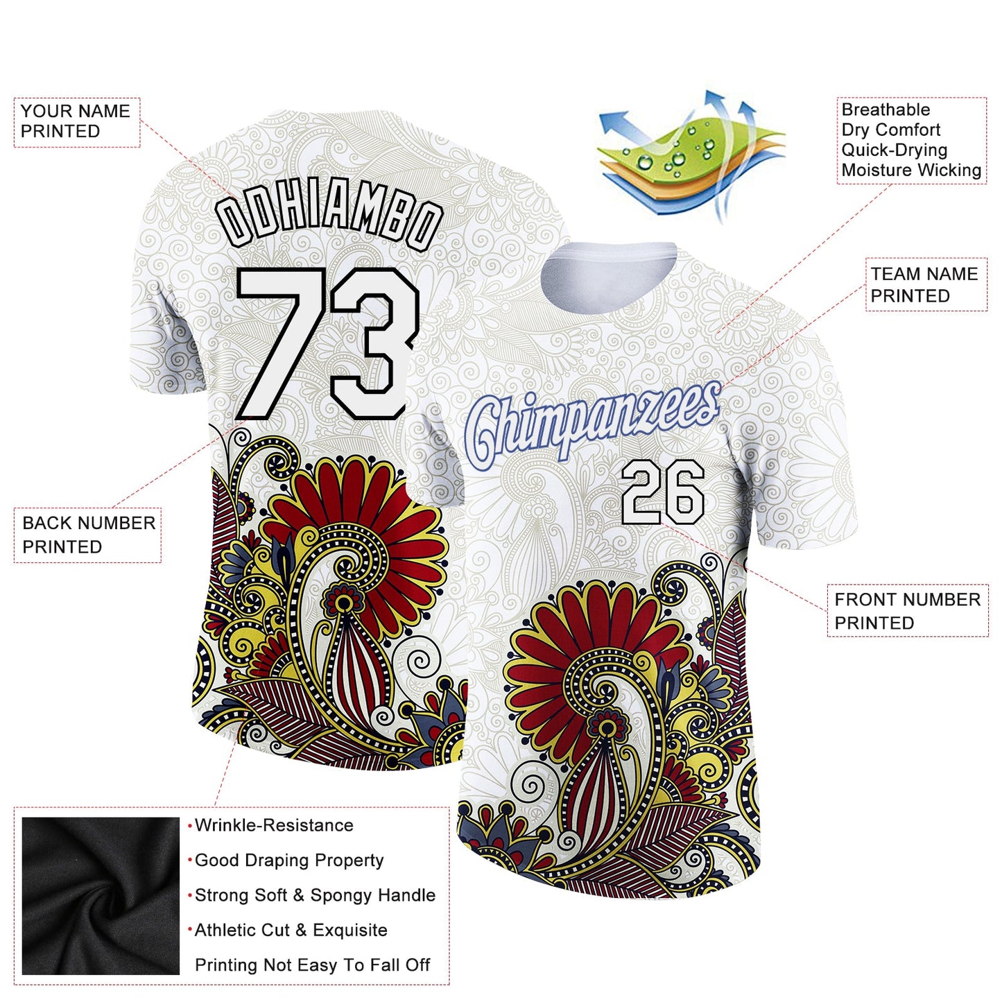 Custom White Black 3D Pattern Floral Design Performance T-Shirt view 2