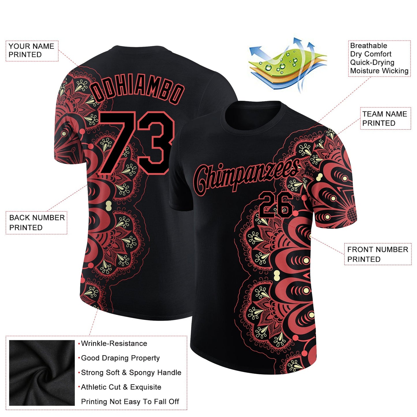 Custom Black Neon Pink 3D Pattern Floral Design Performance T-Shirt view 2