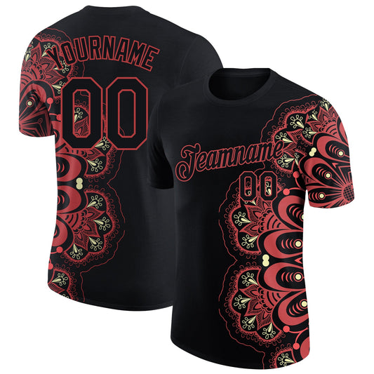 Custom Black Neon Pink 3D Pattern Floral Design Performance T-Shirt - Main View