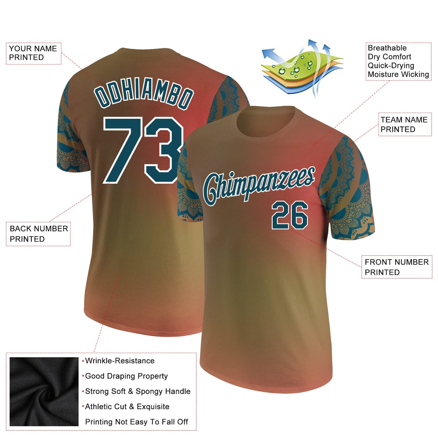 Custom Orange Teal-White 3D Pattern Floral Design Performance T-Shirt view 2