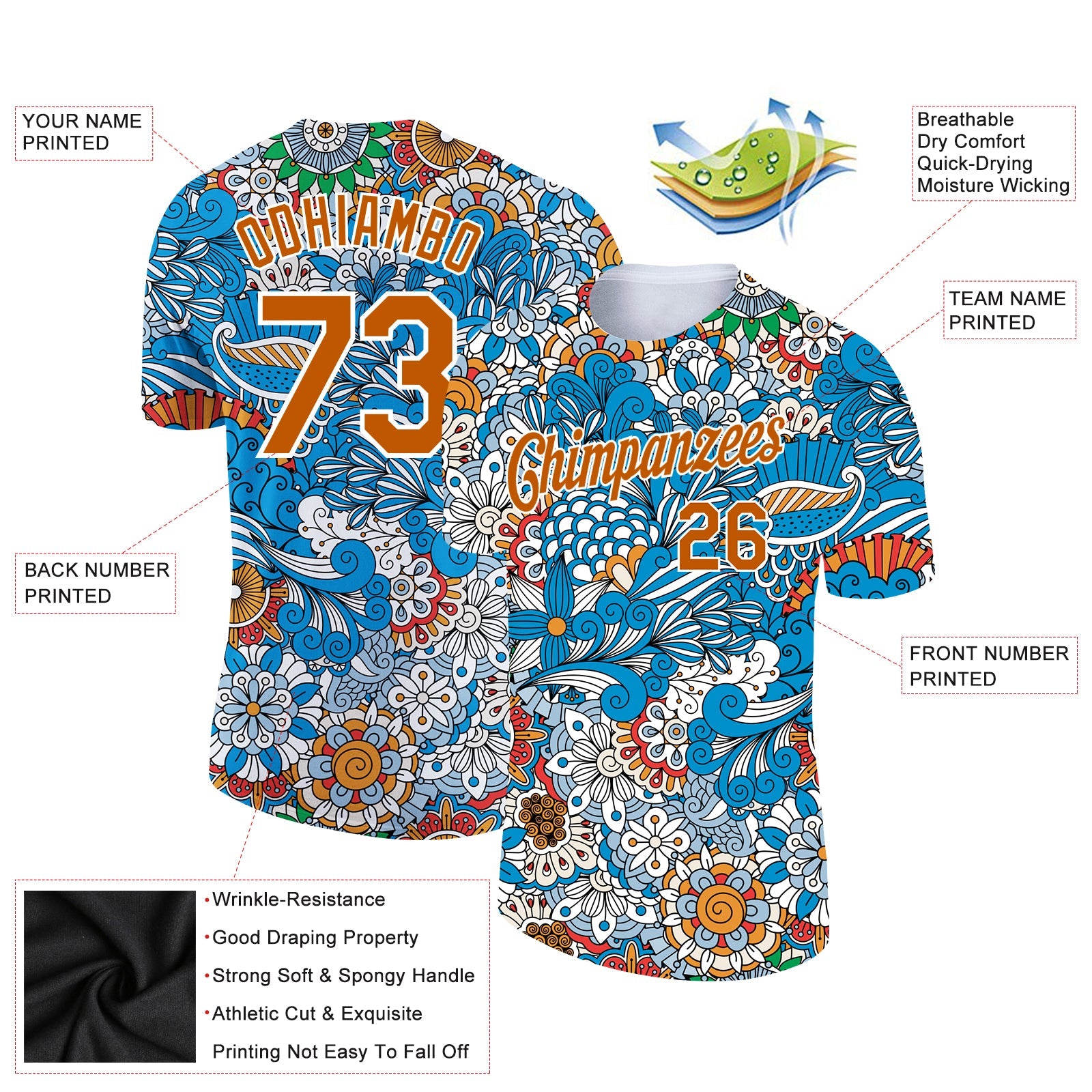 Custom Light Blue Texas Orange-White 3D Pattern Floral Design Performance T-Shirt view 2