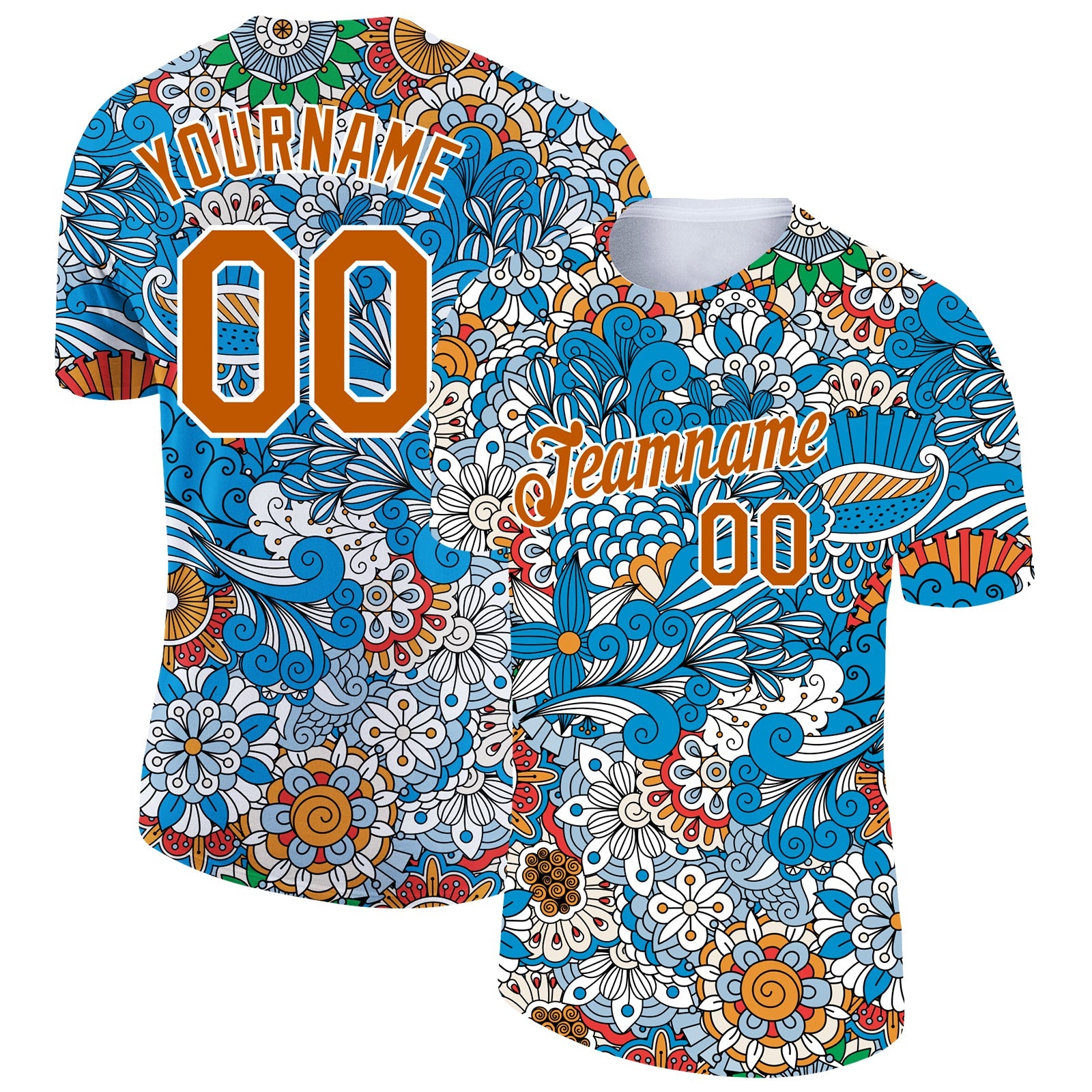 Custom Light Blue Texas Orange-White 3D Pattern Floral Design Performance T-Shirt - Main View