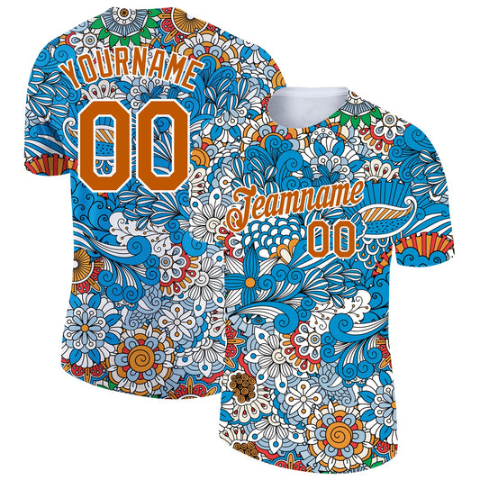 Custom Light Blue Texas Orange-White 3D Pattern Floral Design Performance T-Shirt - Main View
