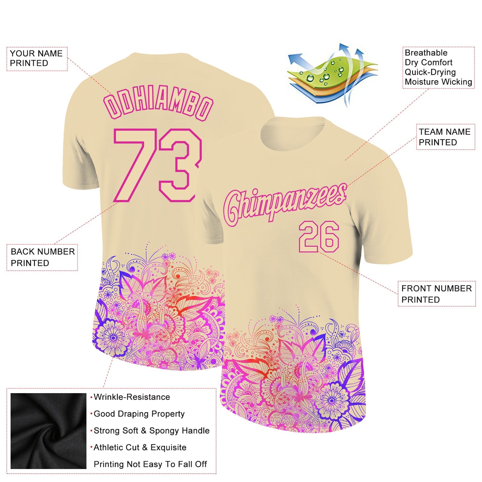 Custom City Cream Pink 3D Pattern Floral Design Performance T-Shirt view 2