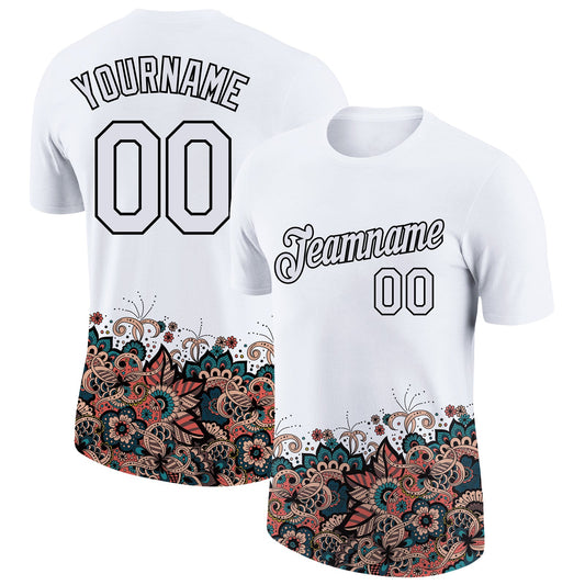 Custom White Black 3D Pattern Floral Design Performance T-Shirt - Main View