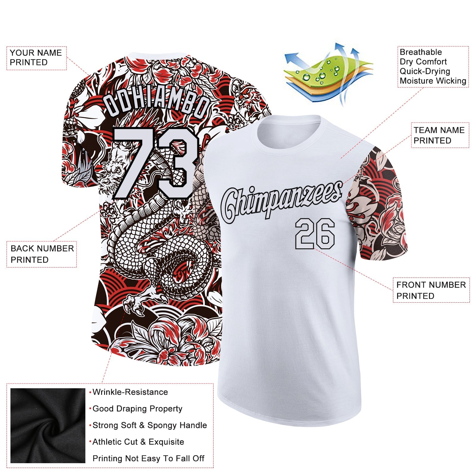 Custom White Black 3D Pattern Floral Design Performance T-Shirt view 2