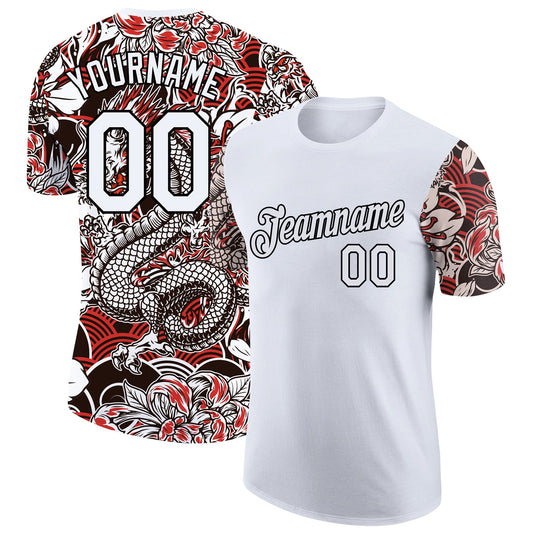 Custom White Black 3D Pattern Floral Design Performance T-Shirt - Main View