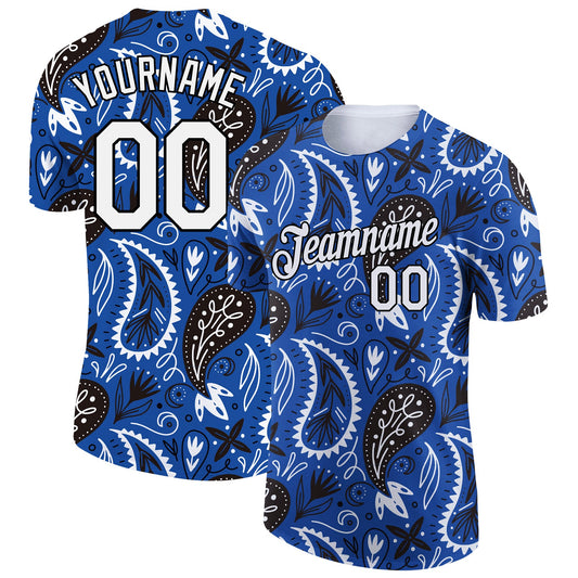 Custom Royal White-Black 3D Pattern Floral Design Performance T-Shirt - Main View