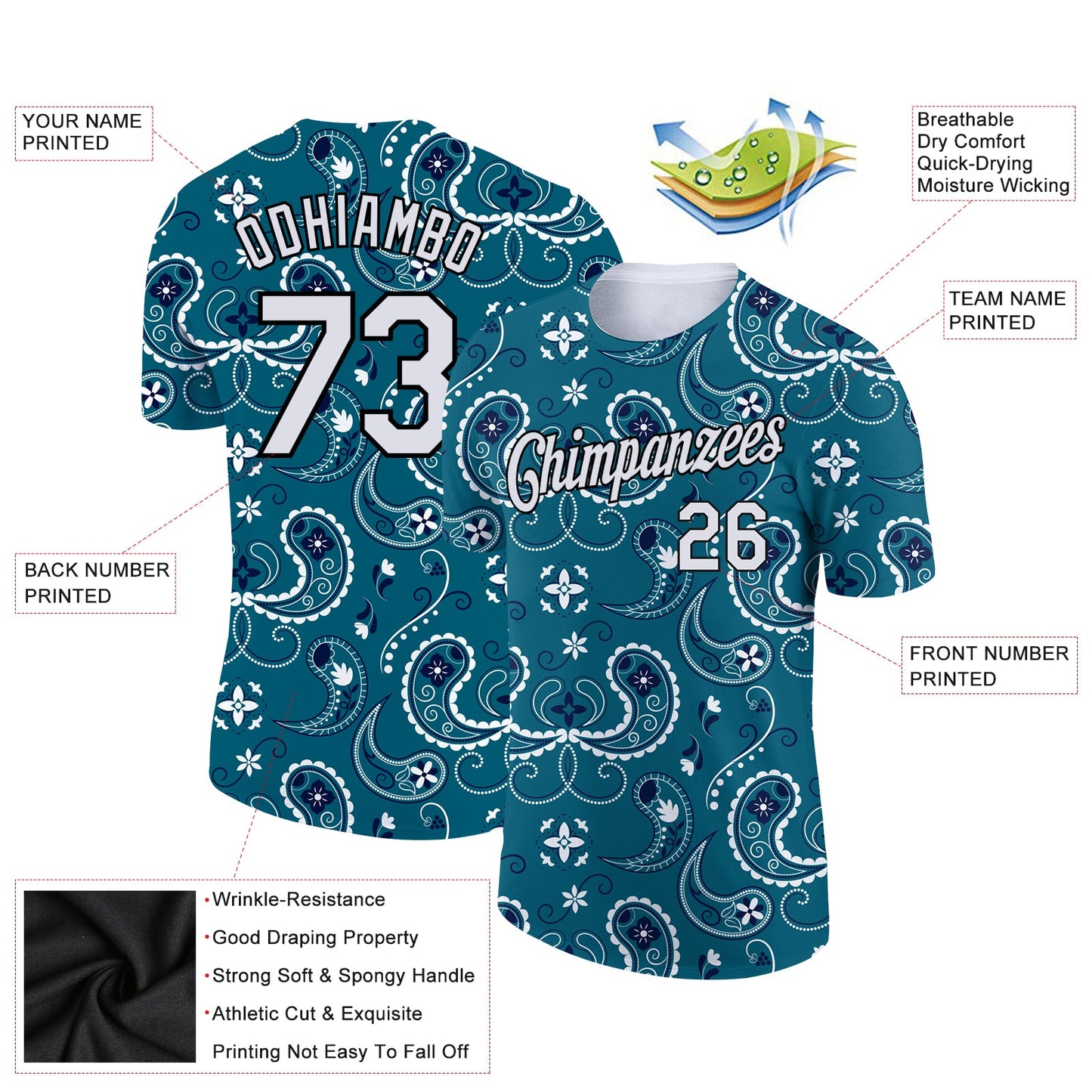 Custom Teal White-Black 3D Pattern Floral Design Performance T-Shirt view 2