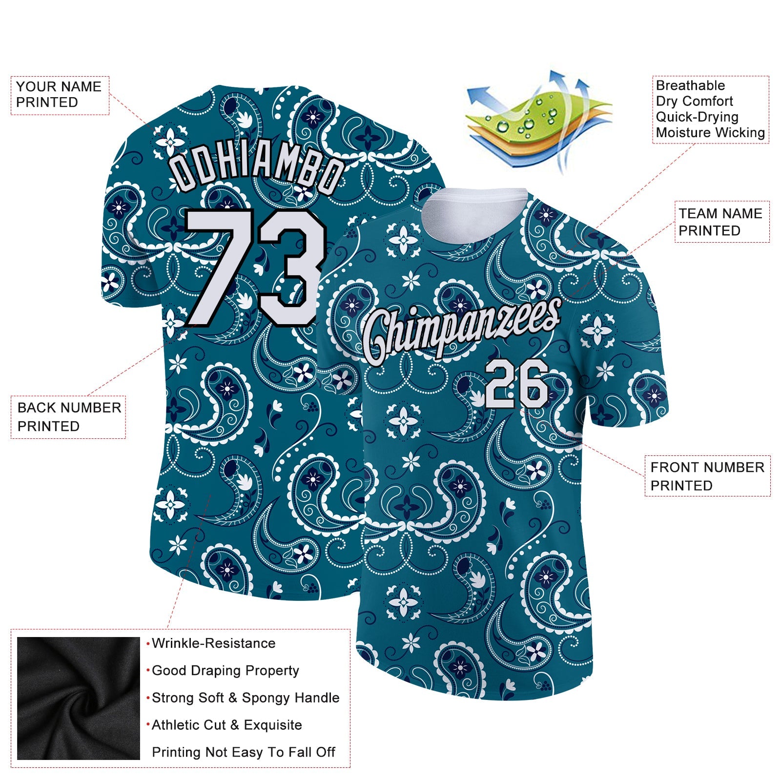 Custom Teal White-Black 3D Pattern Floral Design Performance T-Shirt view 2