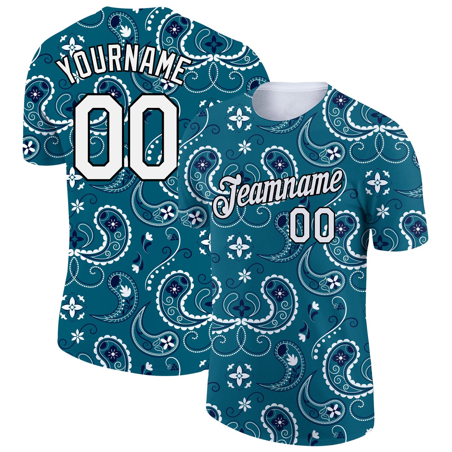 Custom Teal White-Black 3D Pattern Floral Design Performance T-Shirt - Main View