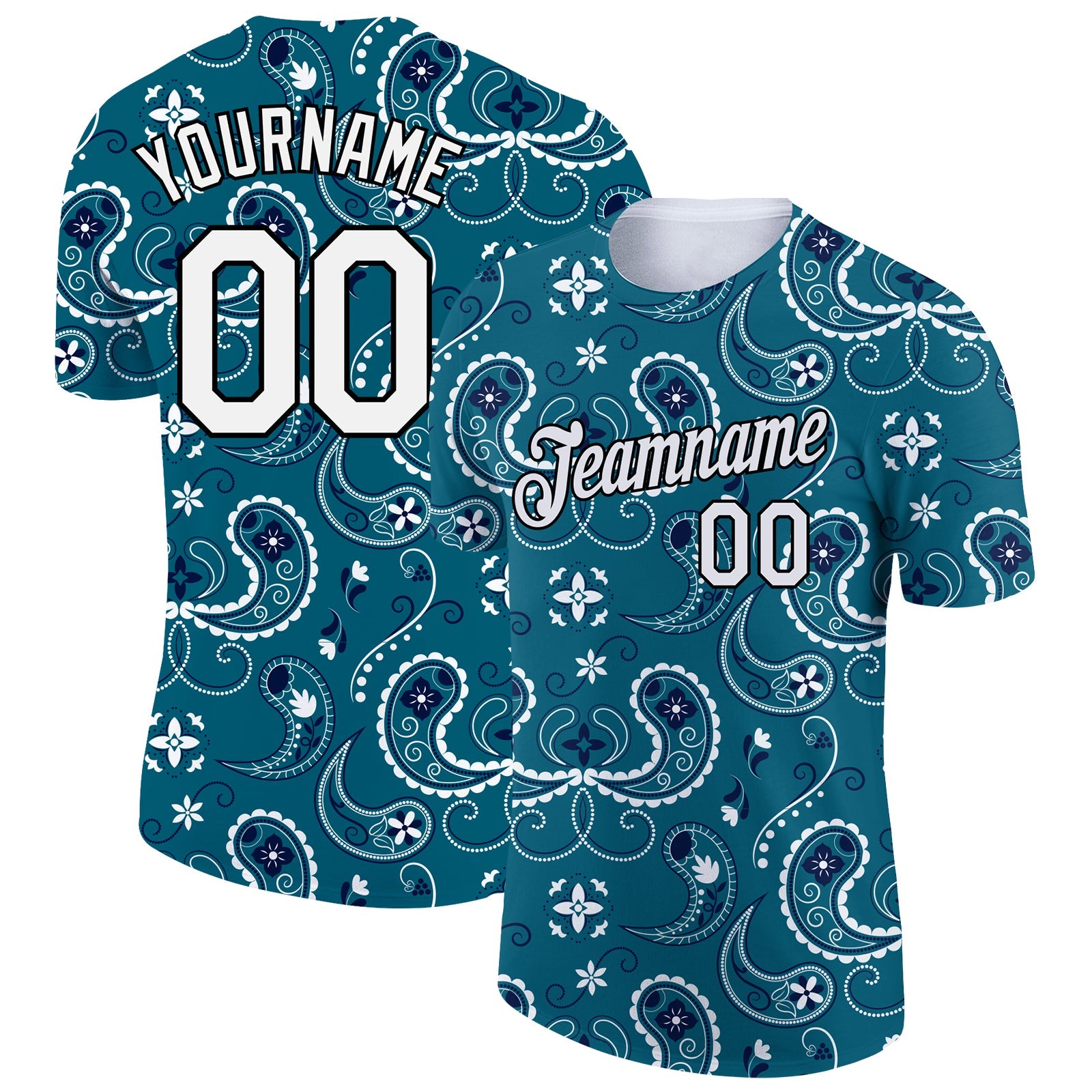 Custom Teal White-Black 3D Pattern Floral Design Performance T-Shirt - Main View