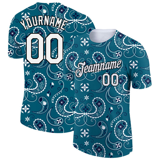 Custom Teal White-Black 3D Pattern Floral Design Performance T-Shirt - Main View