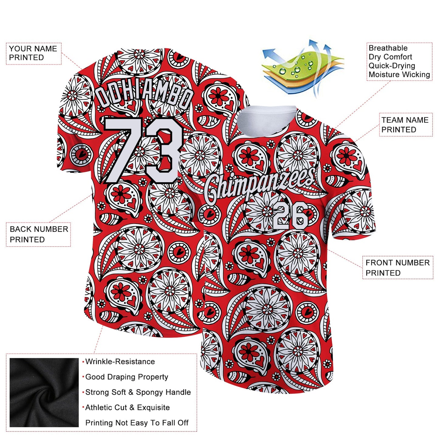 Custom Red White-Black 3D Pattern Floral Design Performance T-Shirt view 2