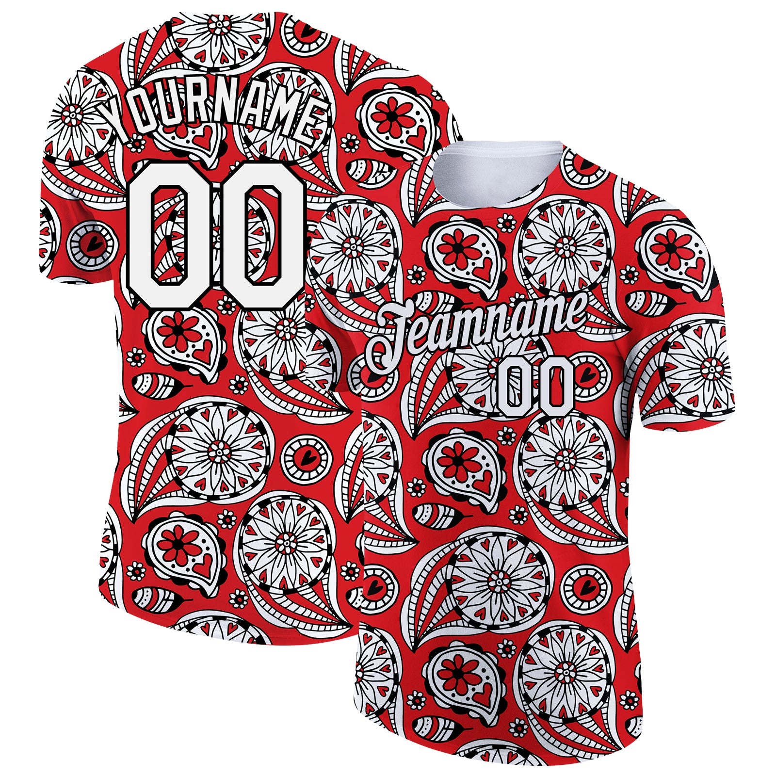 Custom Red White-Black 3D Pattern Floral Design Performance T-Shirt - Main View