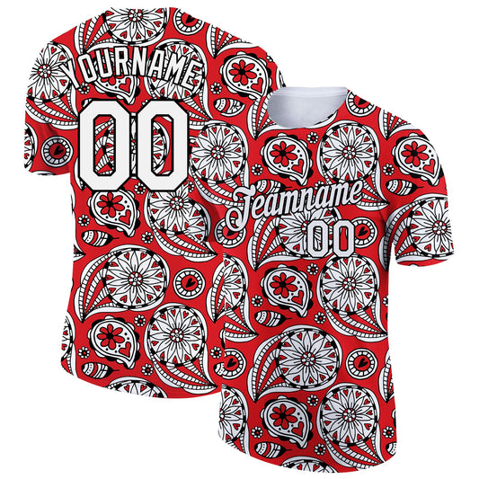 Custom Red White-Black 3D Pattern Floral Design Performance T-Shirt - Main View