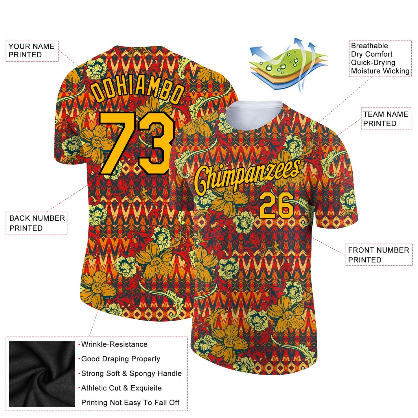 Custom Red Gold-Black 3D Pattern Floral Design Performance T-Shirt view 2