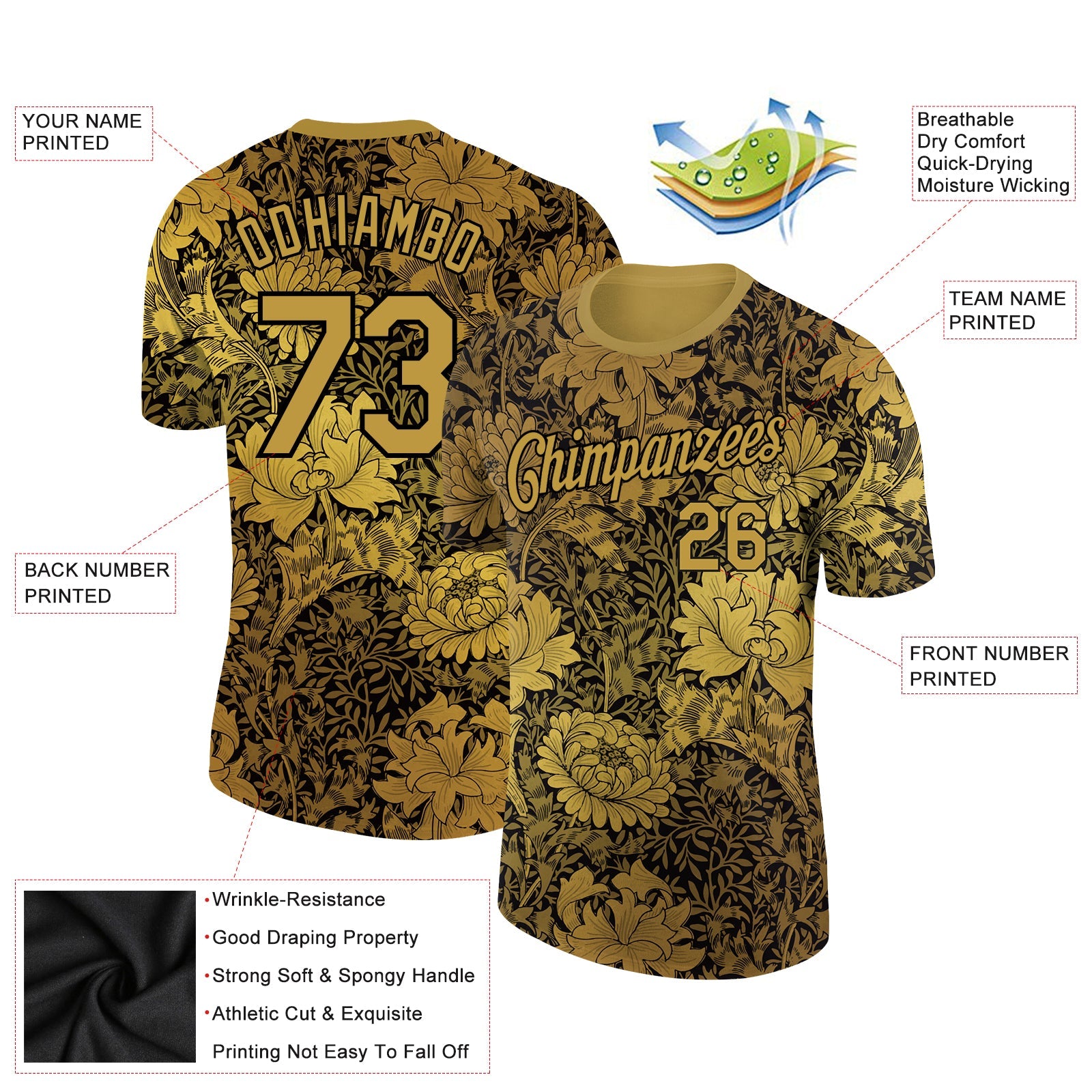 Custom Old Gold Black 3D Pattern Floral Design Performance T-Shirt view 2