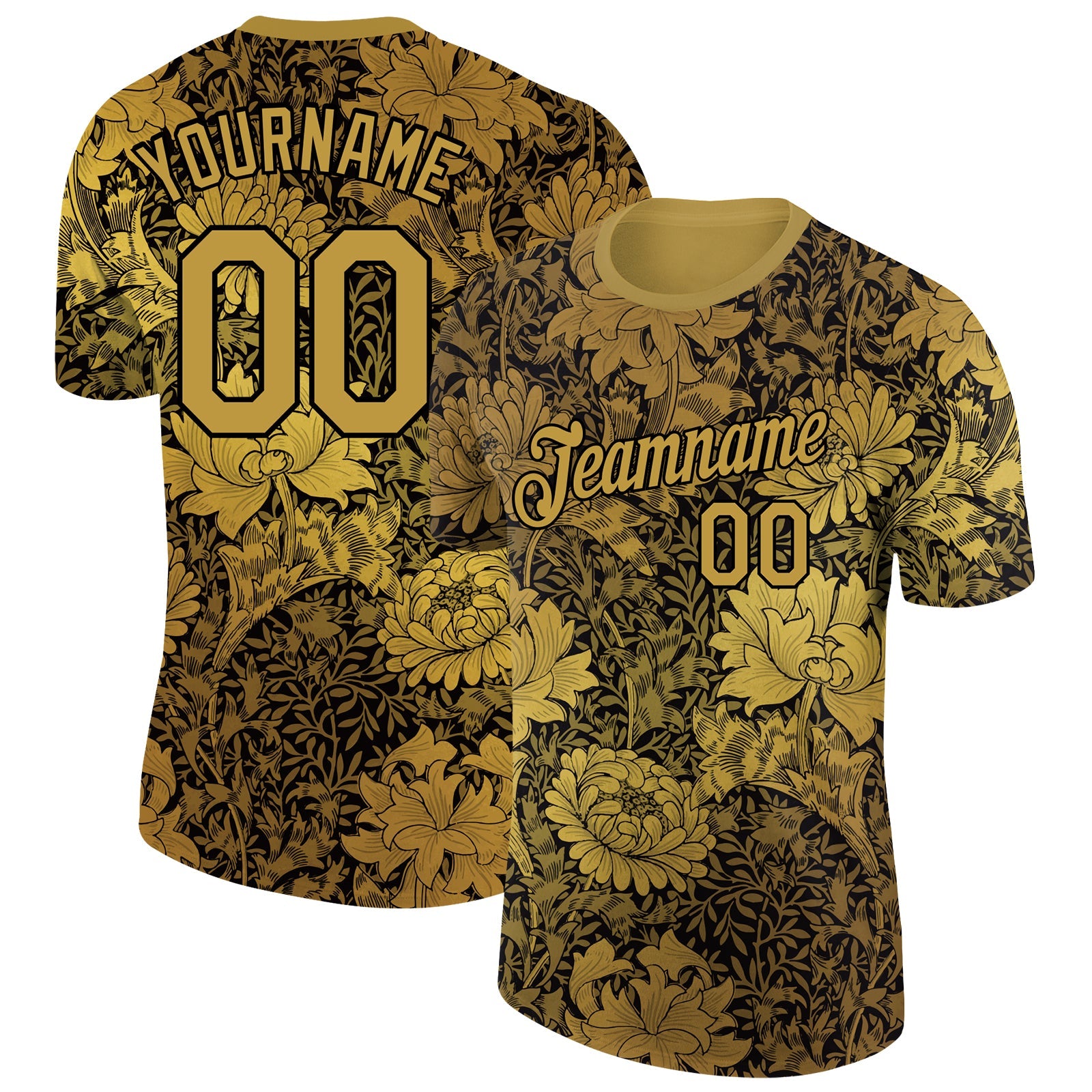 Custom Old Gold Black 3D Pattern Floral Design Performance T-Shirt - Main View
