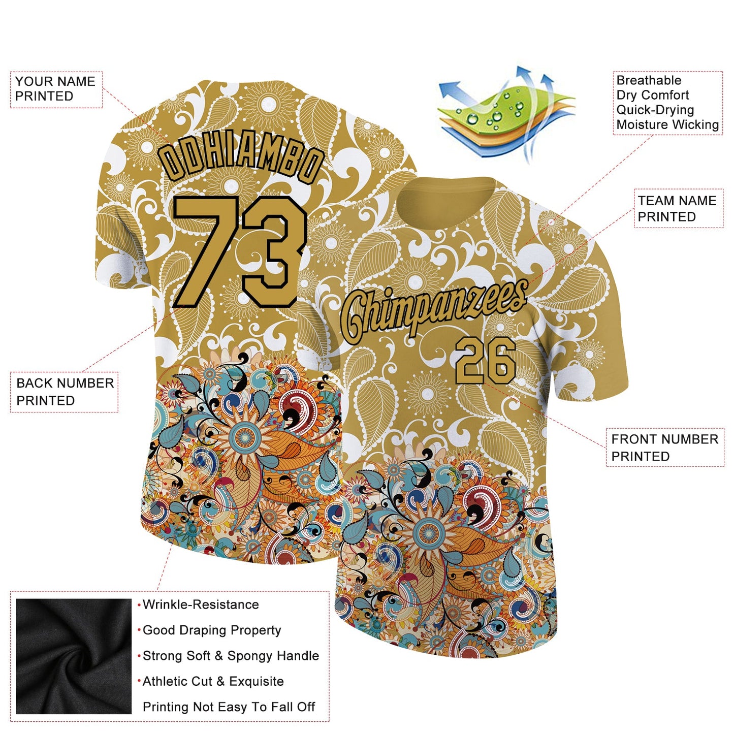 Custom Old Gold Black 3D Pattern Floral Design Performance T-Shirt view 2
