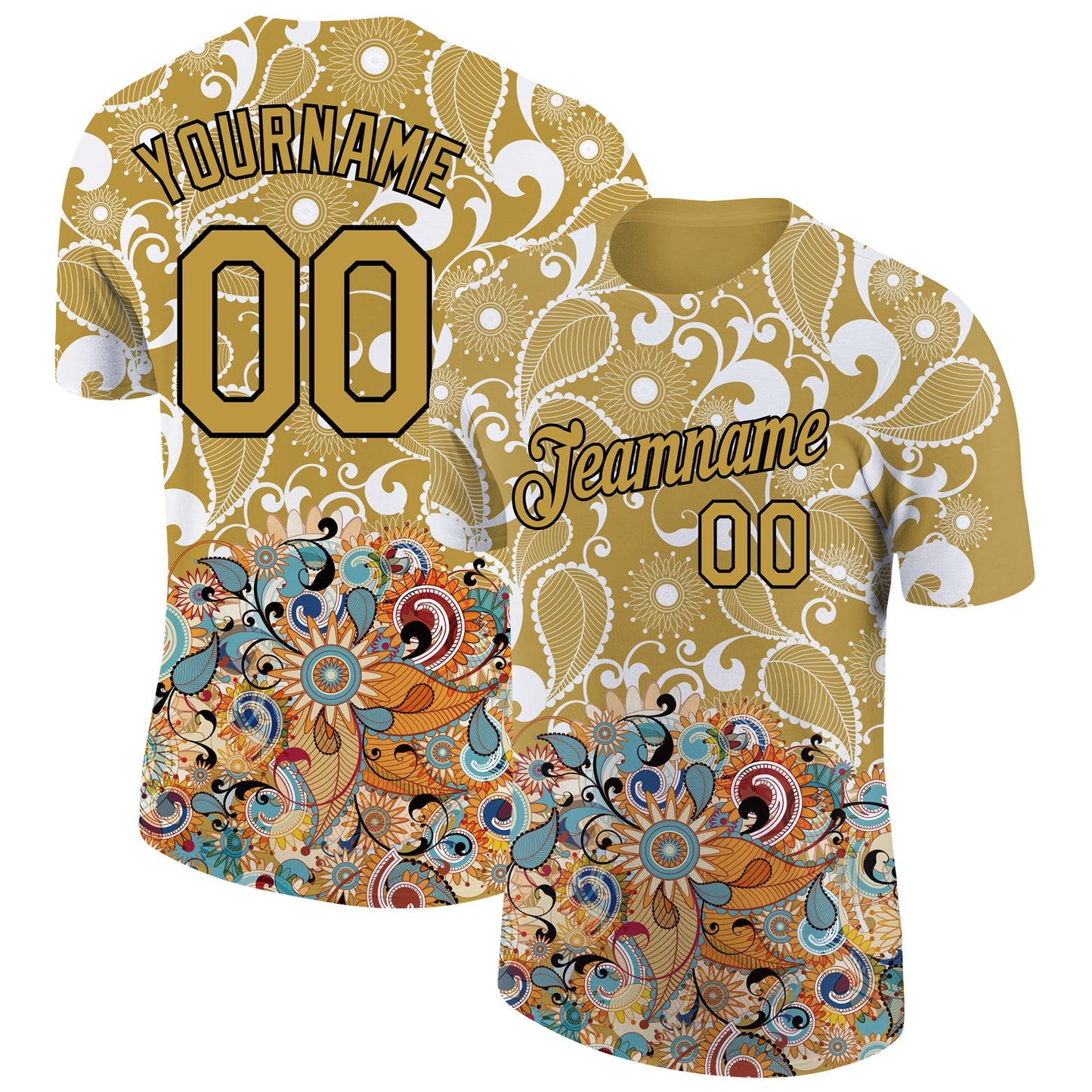 Custom Old Gold Black 3D Pattern Floral Design Performance T-Shirt - Main View