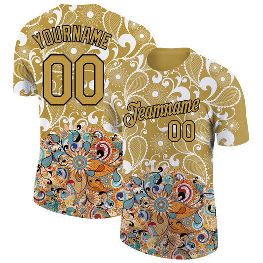 Custom Old Gold Black 3D Pattern Floral Design Performance T-Shirt - Main View