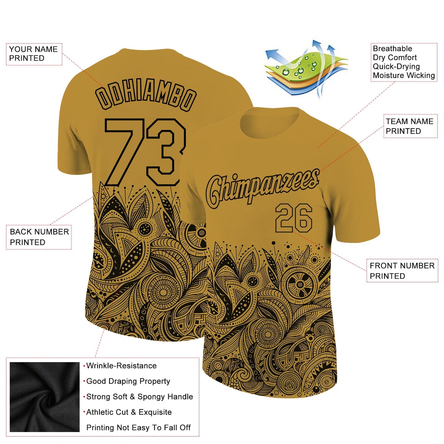 Custom Old Gold Black 3D Pattern Floral Design Performance T-Shirt view 2