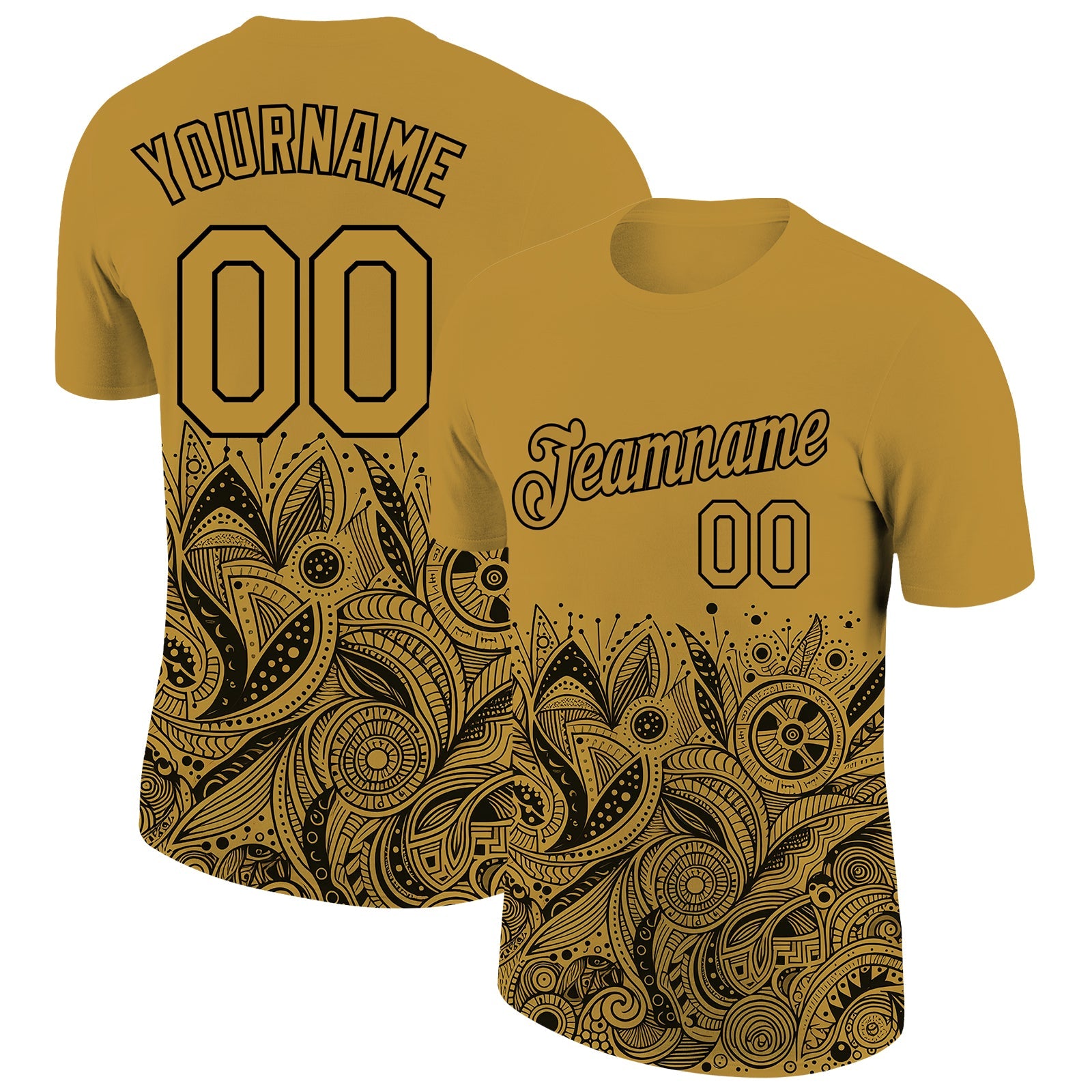 Custom Old Gold Black 3D Pattern Floral Design Performance T-Shirt - Main View