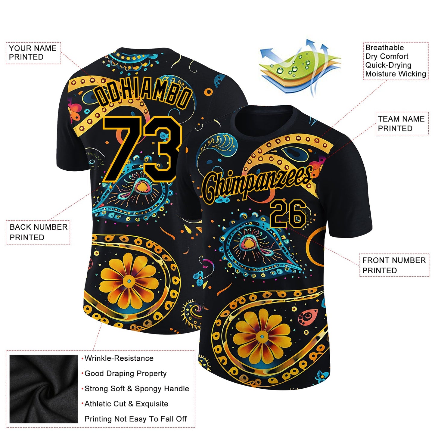 Custom Black Gold 3D Pattern Floral Design Performance T-Shirt view 2
