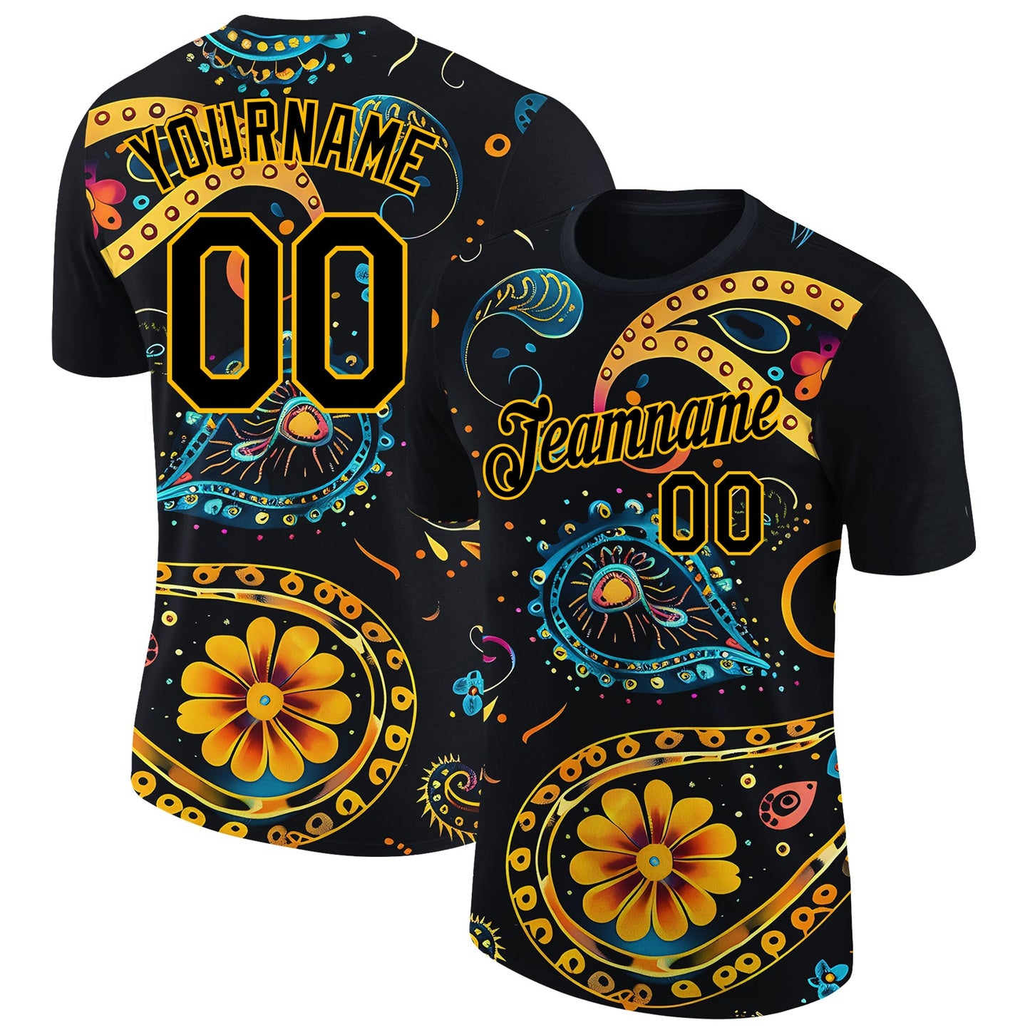 Custom Black Gold 3D Pattern Floral Design Performance T-Shirt - Main View