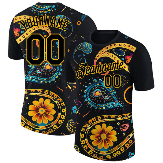 Custom Black Gold 3D Pattern Floral Design Performance T-Shirt - Main View