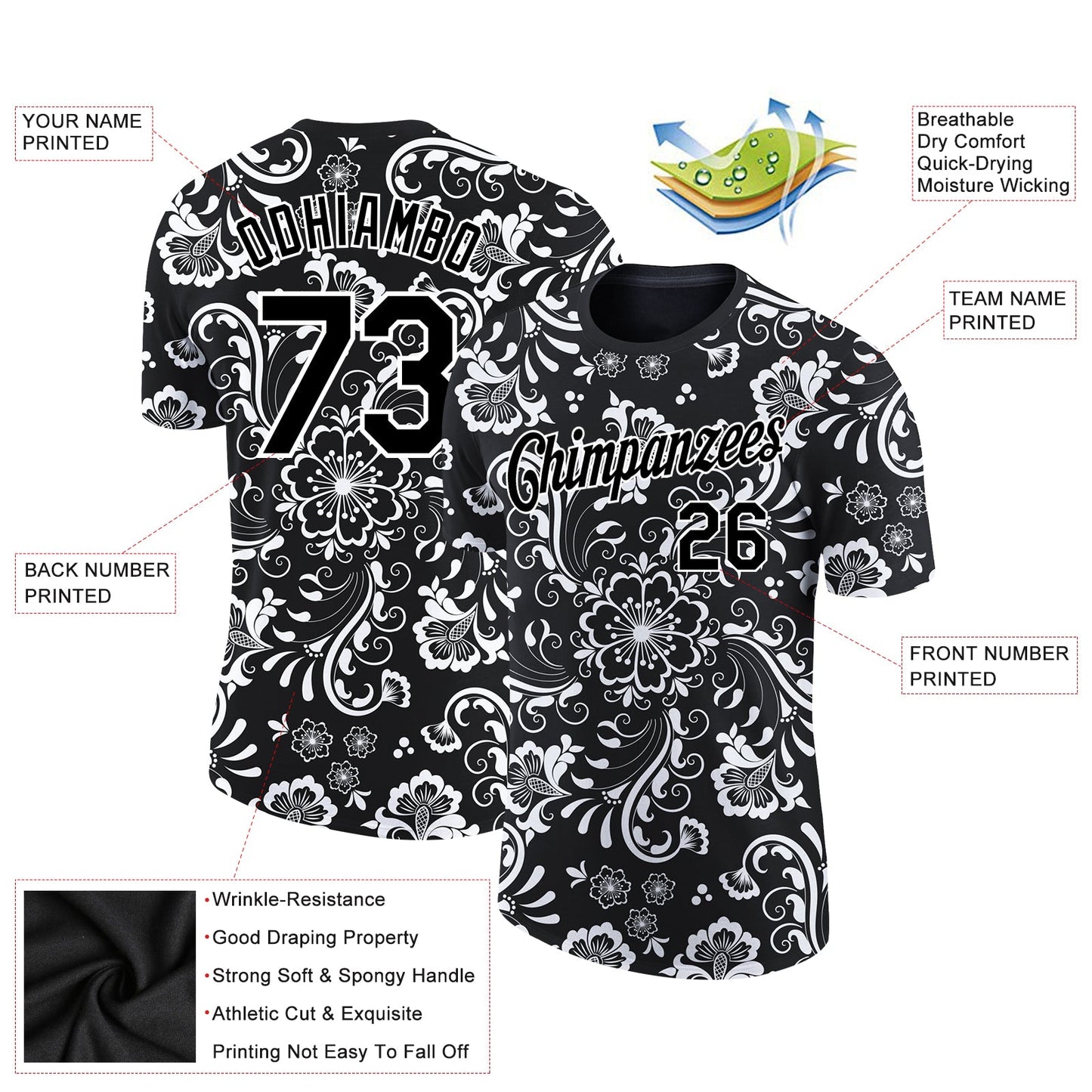 Custom Black White 3D Pattern Floral Design Performance T-Shirt view 2
