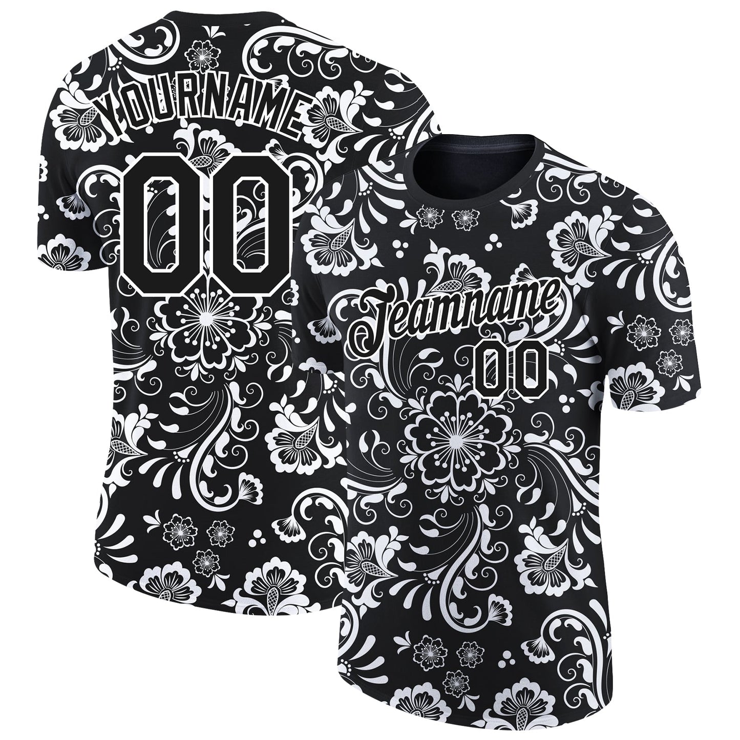 Custom Black White 3D Pattern Floral Design Performance T-Shirt - Main View