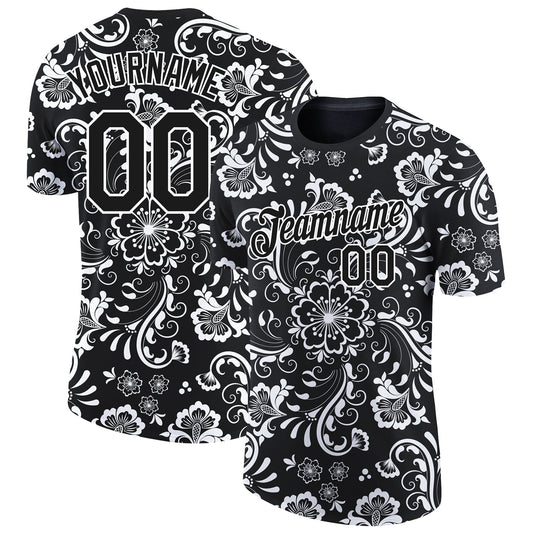 Custom Black White 3D Pattern Floral Design Performance T-Shirt - Main View