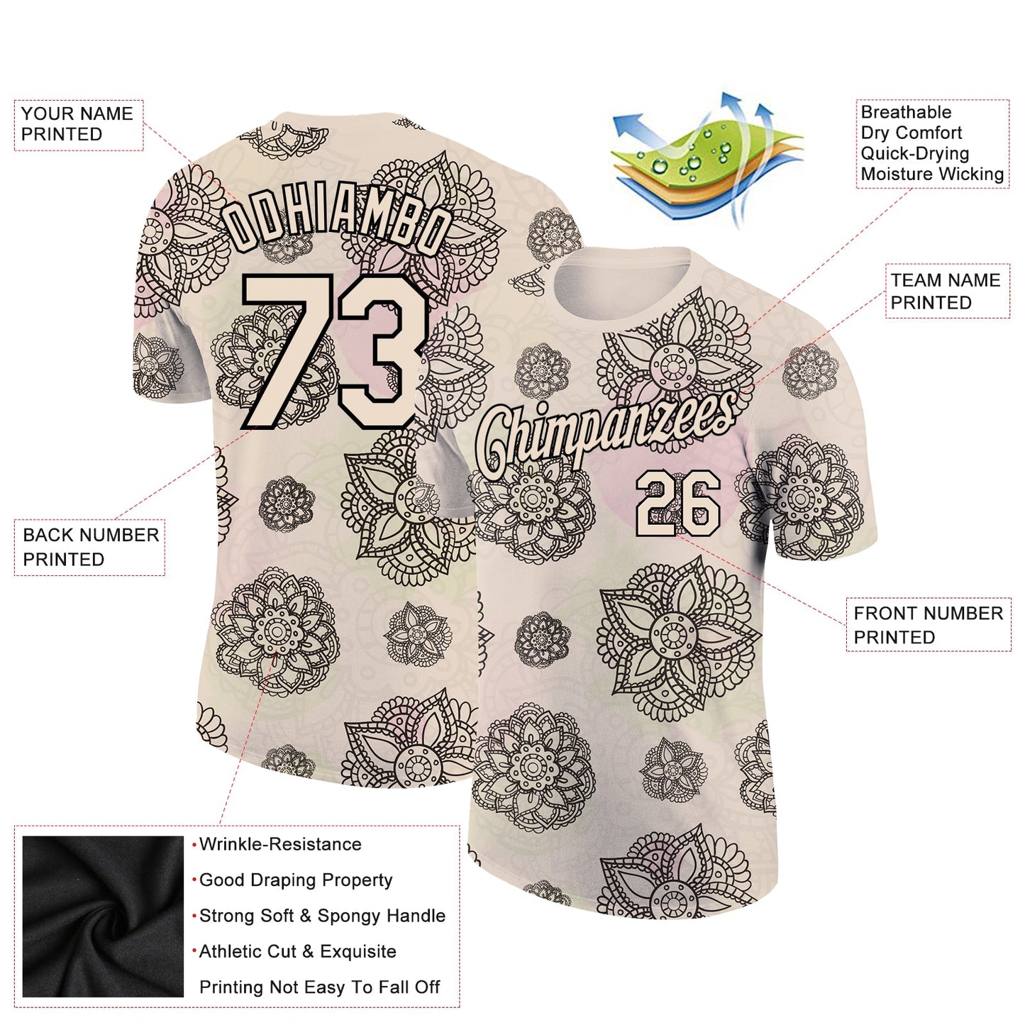 Custom City Cream Black 3D Pattern Floral Design Performance T-Shirt view 2