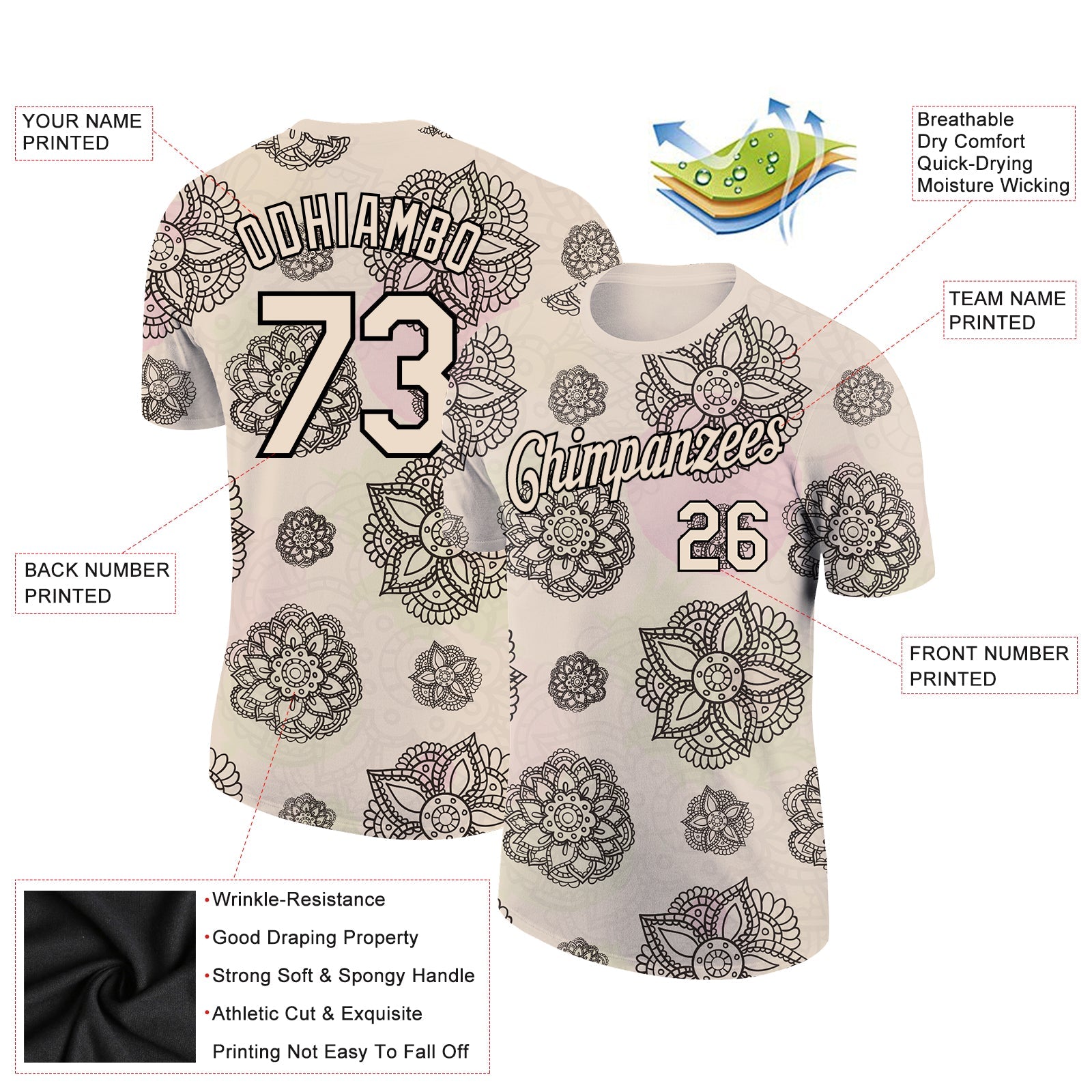 Custom City Cream Black 3D Pattern Floral Design Performance T-Shirt view 2