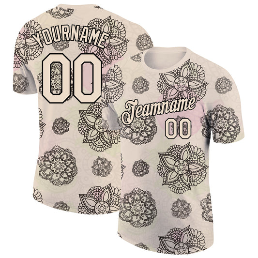 Custom City Cream Black 3D Pattern Floral Design Performance T-Shirt - Main View
