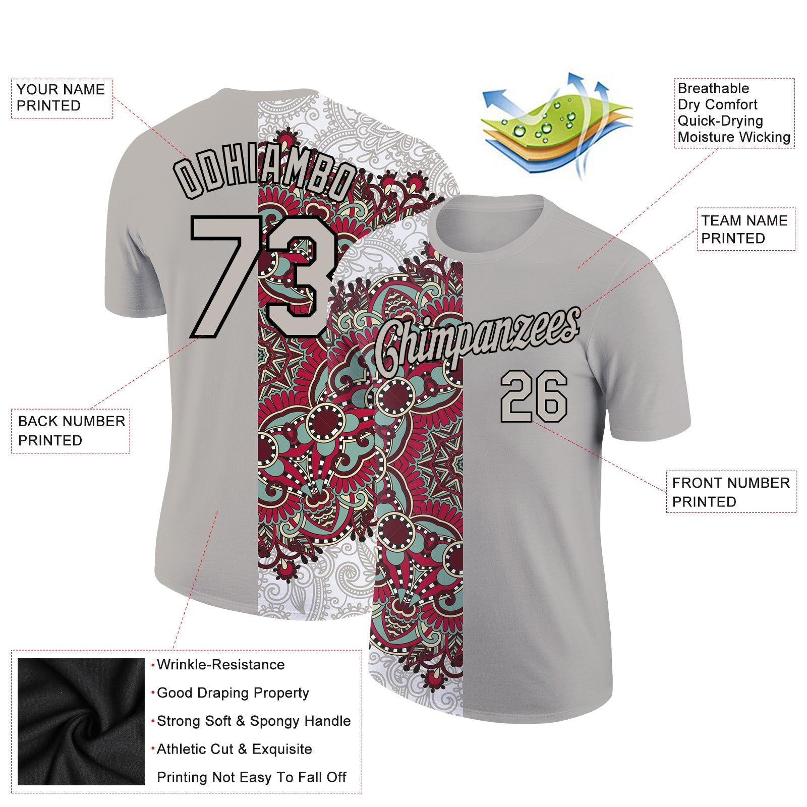 Custom Light Gray Black 3D Pattern Floral Design Performance T-Shirt view 2