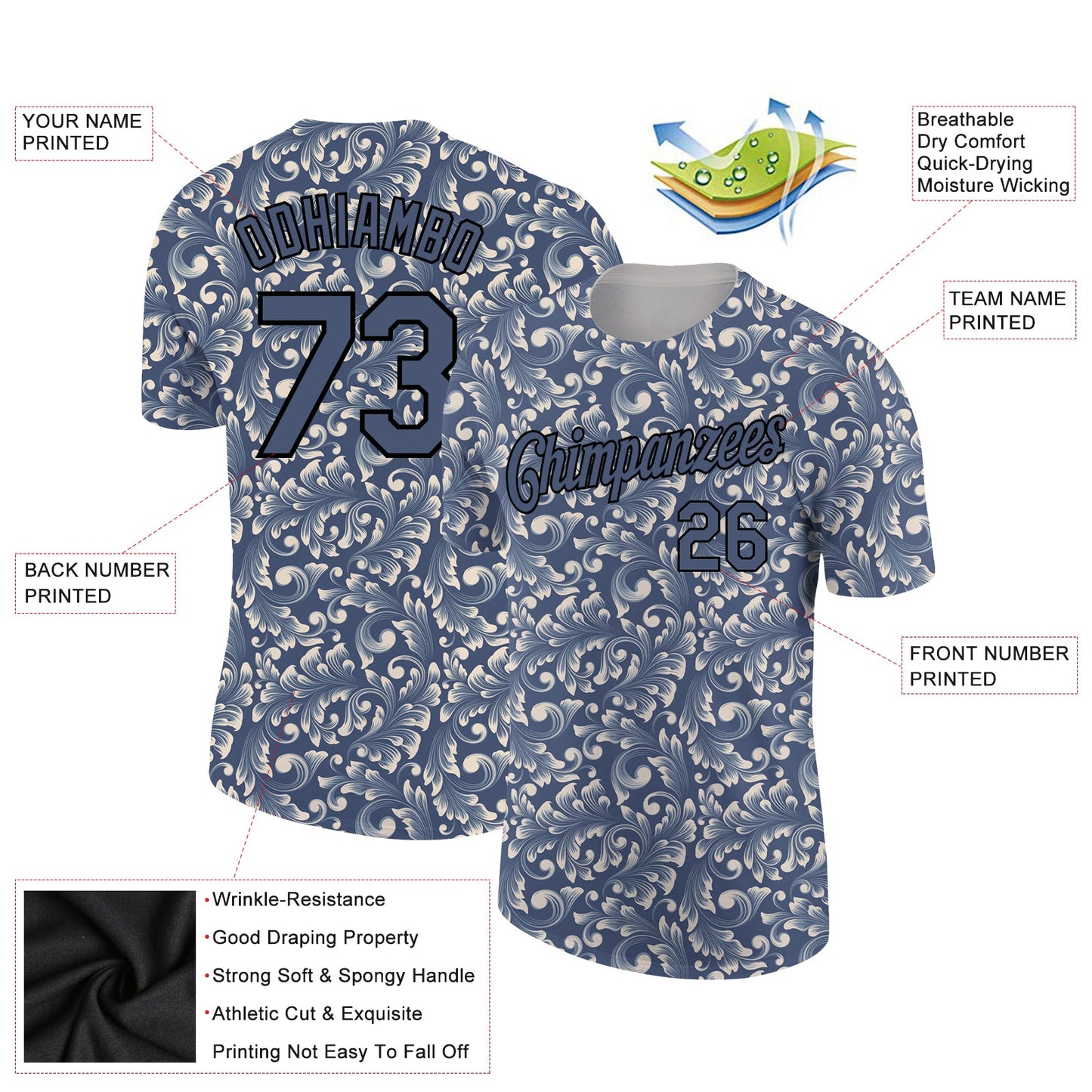 Custom Blue Black 3D Pattern Floral Design Performance T-Shirt view 2