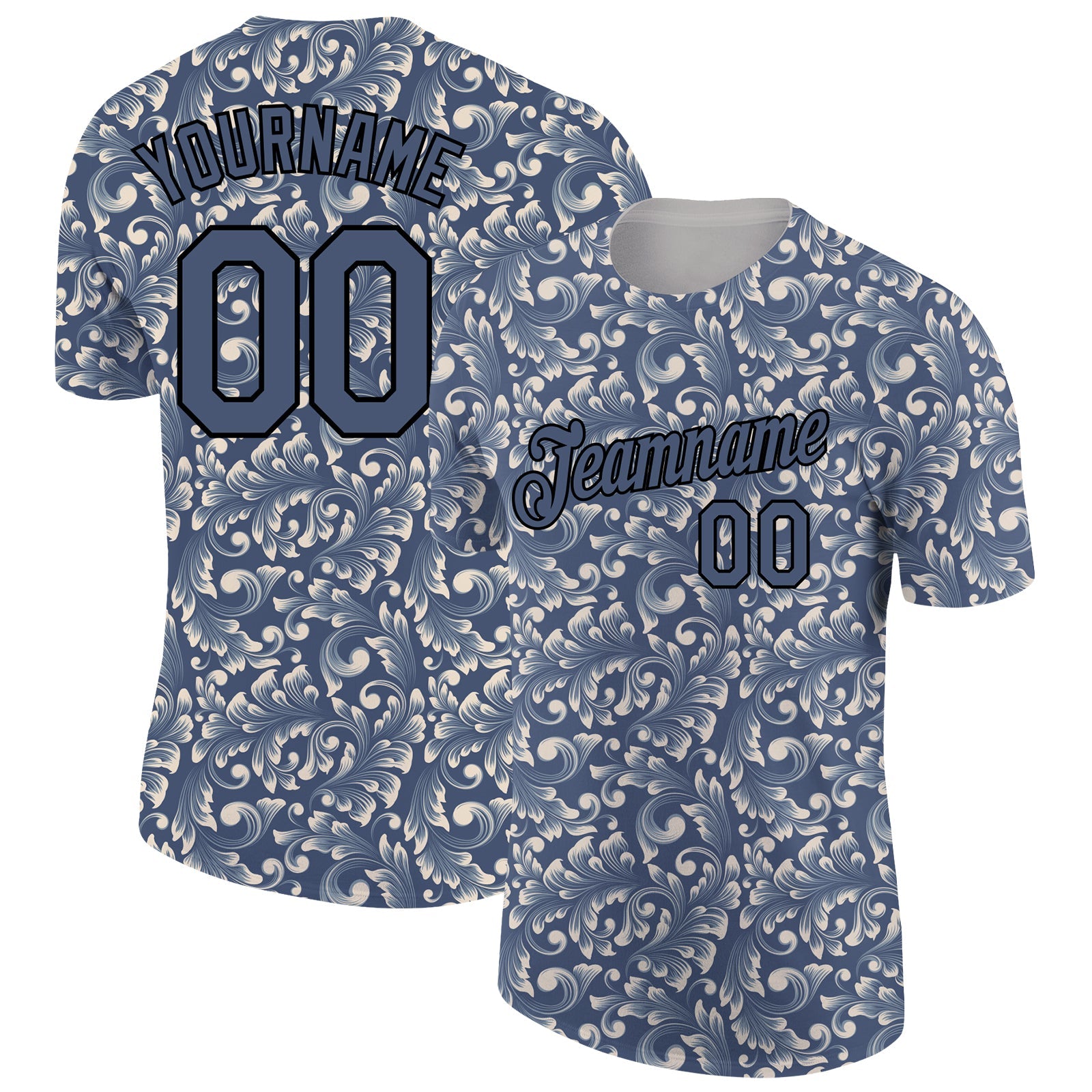 Custom Blue Black 3D Pattern Floral Design Performance T-Shirt - Main View